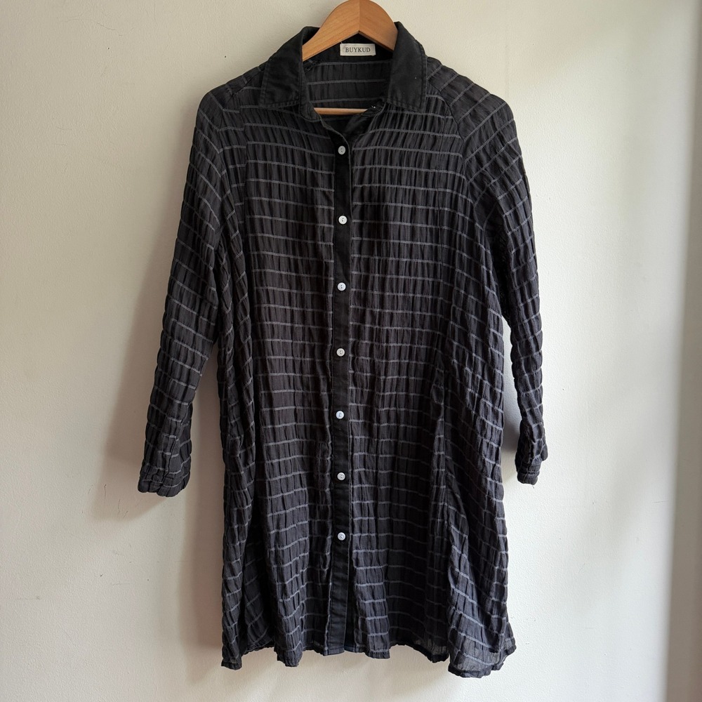 BUYKUD Semi-sheer Crinkle Grid Shirt Dress Black Grey Lagenlook Relaxed